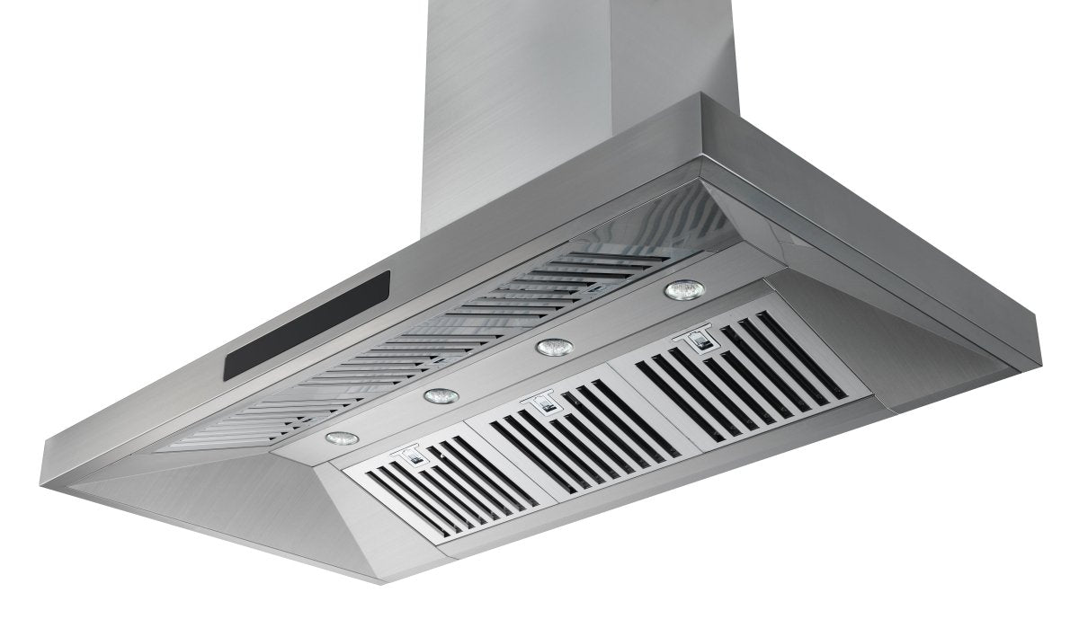 The Proline Range Hoods' New PLSW ProS 48'' Wall-Mounted Range Hood from ProlineRangeHoods.com in Brushed 430 Stainless Steel with built-in lights and vented filters offers an impressive 1200 CFM performance with its dual blower system.