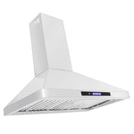 The Proline Range Hoods 30-36-inch wall-mounted range hood, PLFW 129E, on ProlineRangeHoods.com, features a stainless steel finish, LCD touch control panel, and an efficient 900 CFM ducted airflow system.