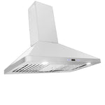 A ProlineRangeHoods.com 30-36-inch wall-mounted range hood, model PLFW 129J, with stainless steel finish, ducted design, 900 CFM efficient ventilation system, touch buttons, and an LED display is viewed against a white background.