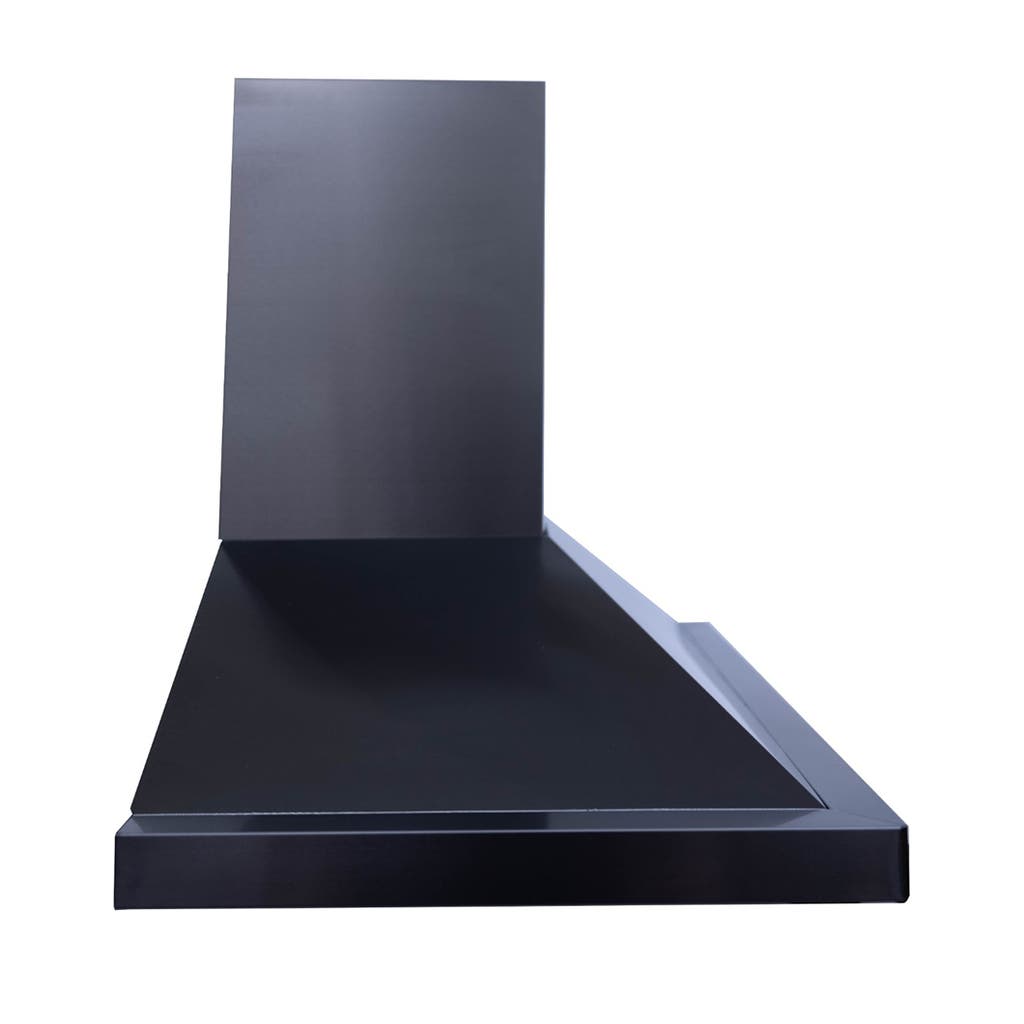 A stylish, minimalist black wall-mounted range hood with a rectangular design and stainless finish by ProlineRangeHoods.com.