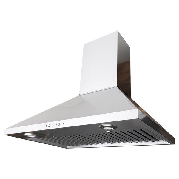 Wall-mounted Proline range hood, model PLGW 129 SC by ProlineRangeHoods.com: modern stainless steel, 900/1200 CFM, lights.