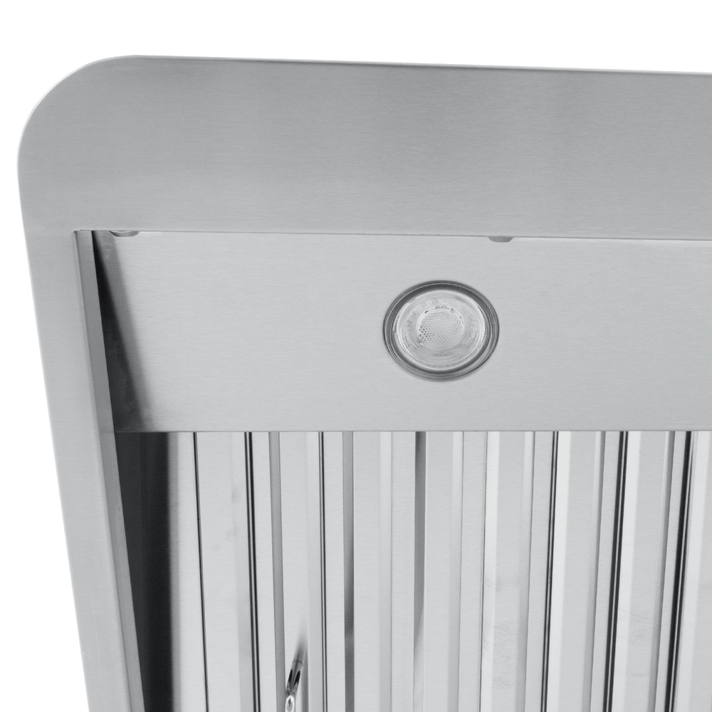 Proline PLJW 120 under cabinet stainless hood with slats, built-in light, 900/1800 CFM. ProlineRangeHoods.com.