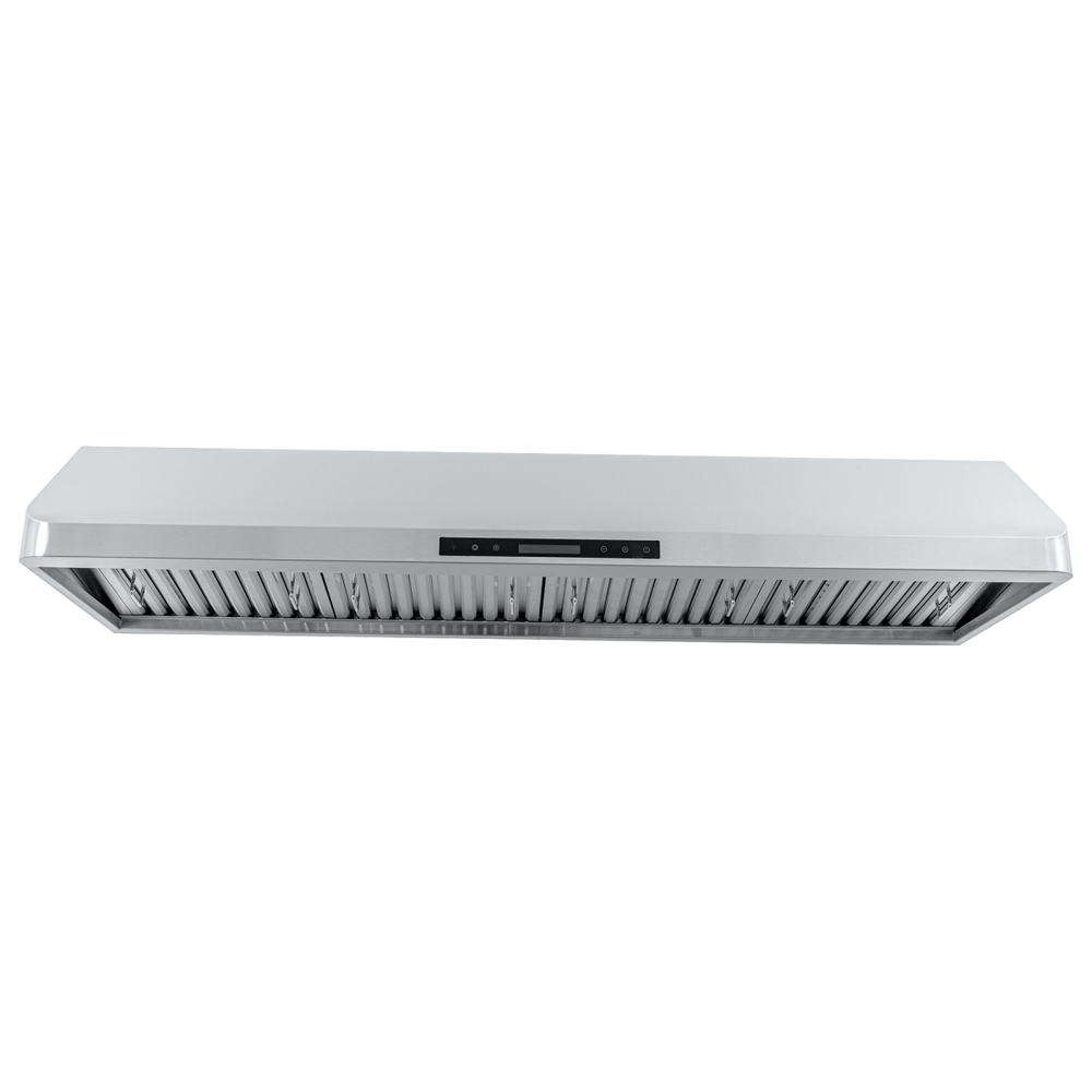ProlineRangeHoods.com PLJW 120 Under Cabinet Range Hood, 900/1800 CFM, stainless steel, touch controls, on white.