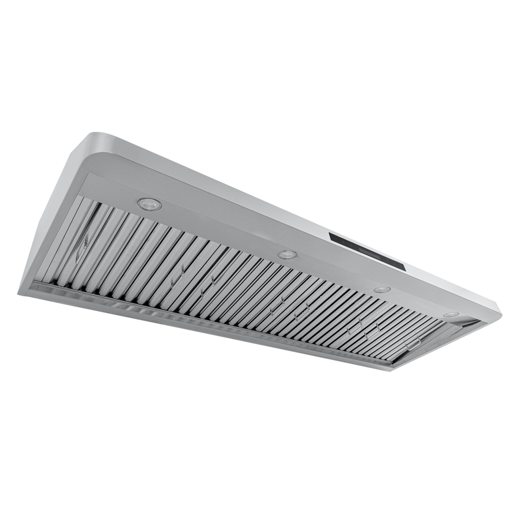 ProlineRangeHoods.com PLJW 120 Under Cabinet Range Hood in stainless steel, 900/1800 CFM, ductless option, built-in lights.