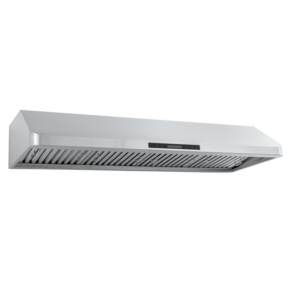 Proline PLJW 120 stainless under cabinet hood with digital controls, vent slats, 900/1800 CFM; ductless option. ProlineRangeHoods.com.
