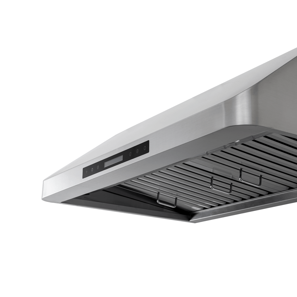 ProlineRangeHoods.com PLJW 120 under cabinet stainless range hood, 900/1800 CFM, control panel and slats, shown below.
