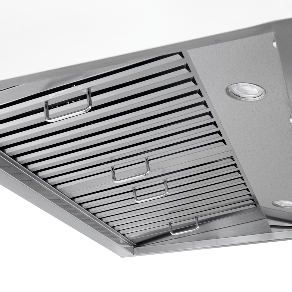 ProlineRangeHoods.com PLJW 120 under cabinet range hood, stainless steel, baffle filters, lights; shown from below.