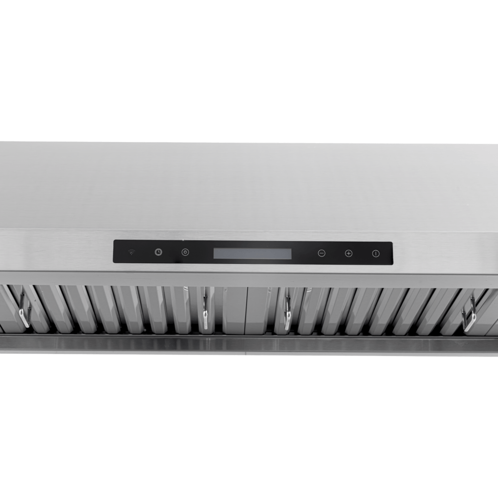 ProlineRangeHoods.com PLJW 120 under cabinet hood, 900/1800 CFM, stainless steel, touch controls, vent slats, front view.