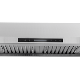 ProlineRangeHoods.com PLJW 120 under cabinet hood, 900/1800 CFM, stainless steel, touch controls, vent slats, front view.