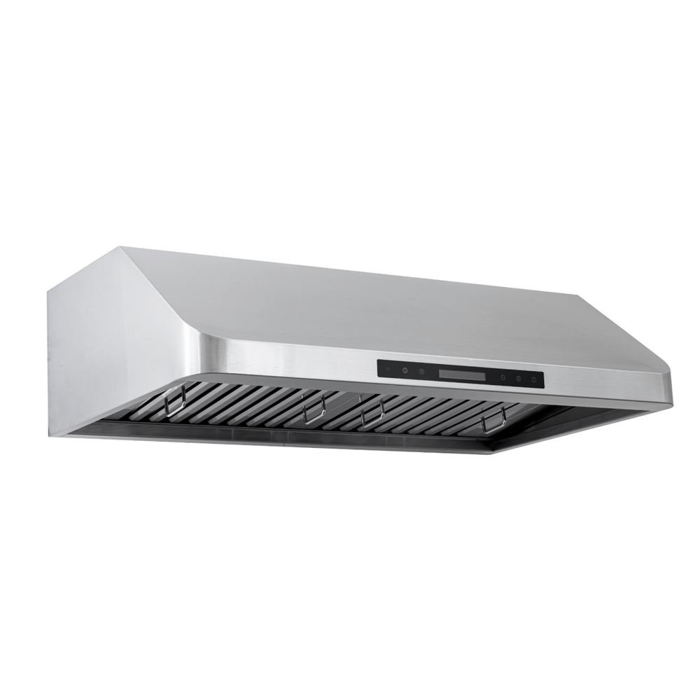 PLJW 120 under cabinet hood: sleek stainless steel, 900/1800 CFM, ductless option. ProlineRangeHoods.com shown angled.