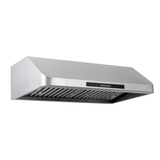 PLJW 120 under cabinet hood: sleek stainless steel, 900/1800 CFM, ductless option. ProlineRangeHoods.com shown angled.