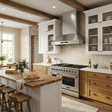 Bright kitchen with wood, white cabinets, island, Proline PLSR 48GE range, vase, ProlineRangeHoods.com.