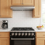 Modern kitchen with light wood cabinets, Proline PLSR 36GE range from ProlineRangeHoods.com, coffee maker, and fruit bowl.