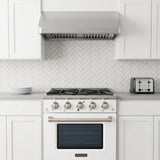 Modern white kitchen with Proline PLSR 30GE range, gas cooktop, stacked plates; by ProlineRangeHoods.com.
