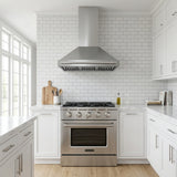 Modern kitchen with Proline PLSR 30GG range by ProlineRangeHoods.com, subway tiles, white cabinets, wood floor.