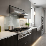 Modern kitchen with gray cabinets, Proline PLST 30" Gas Cooktop by ProlineRangeHoods.com, cookware, large window.