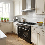 Bright kitchen with cream cabinets, marble counters, and Proline PLSR 48GG range from ProlineRangeHoods.com.