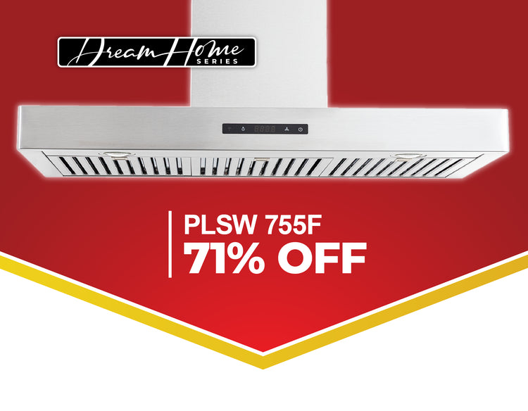 Stainless steel range hood with "PLSW 755F 71% OFF," "Dream Home Series," and ProlineRangeHoods.com on red background.