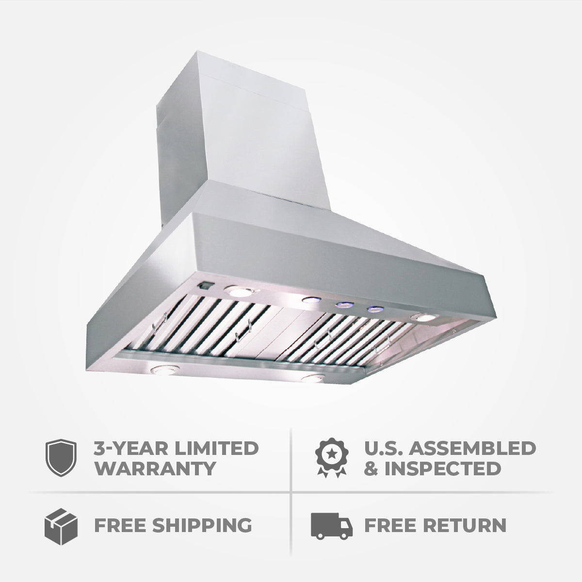 The Proline Range Hoods 36-inch Wall Range Hood, PLJW 104, from ProlineRangeHoods.com, boasts a dual blower, 1200 CFM, and a 3-year warranty.