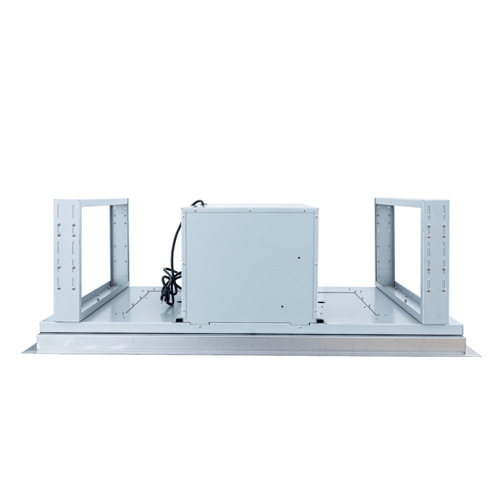 Proline PLFI 42" Ceiling Flush Mount Range Hood, stainless steel, dual motors, 1200 CFM. ProlineRangeHoods.com.