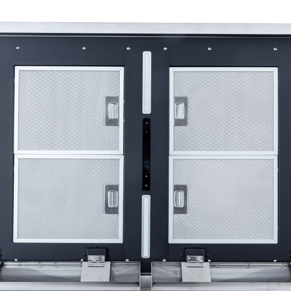 Close-up of metal cabinet with four mesh doors, two vents, Proline 42-Inch Range Hood, 1200 CFM. ProlineRangeHoods.com.