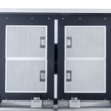 Close-up of metal cabinet with four mesh doors, two vents, Proline 42-Inch Range Hood, 1200 CFM. ProlineRangeHoods.com.