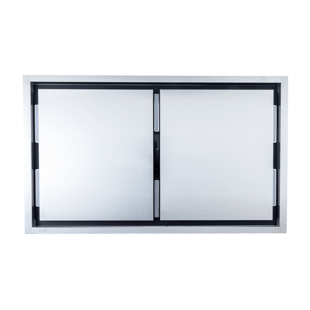 Proline PLFI 42" Ceiling Flush Mount Range Hood, stainless steel, 1200 CFM. Shown on white. ProlineRangeHoods.com.