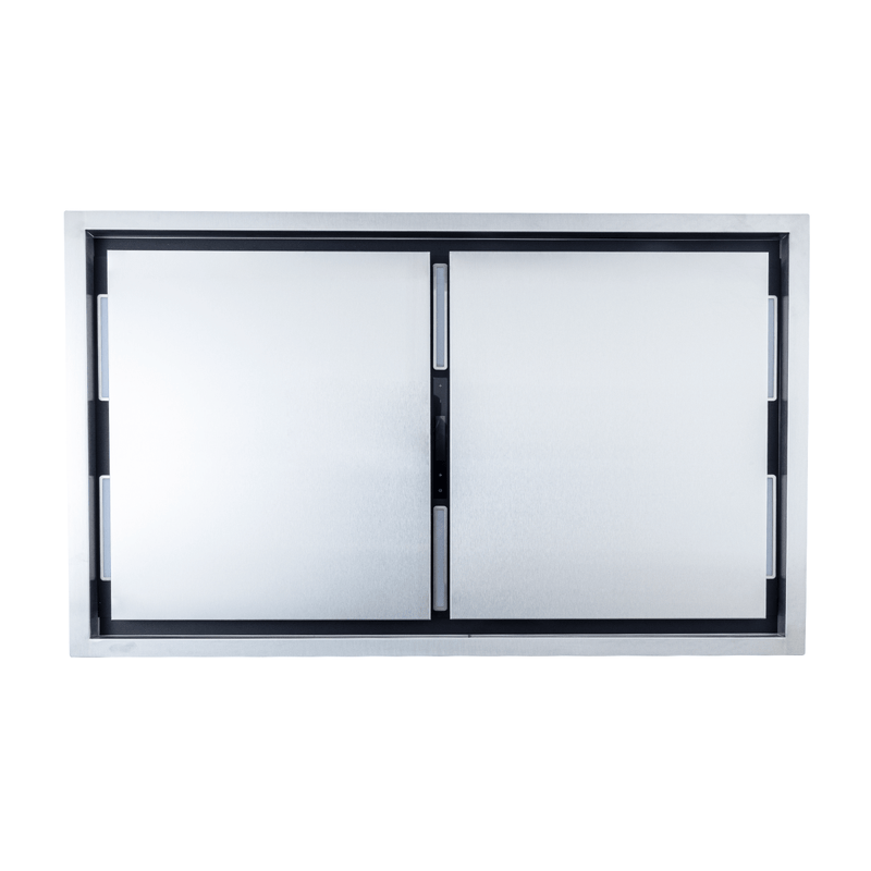 Proline PLFI 42" Ceiling Flush Mount Range Hood, stainless steel, 1200 CFM. Shown on white. ProlineRangeHoods.com.