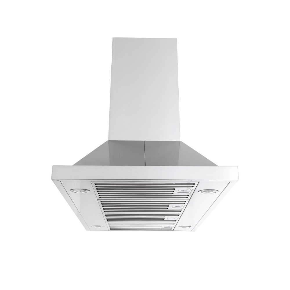 Proline PLFI 520 stainless range hood with 600/1100 CFM and lights, shown from below. ProlineRangeHoods.com.