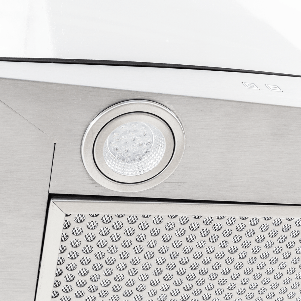 Close-up of Proline PLFI 544 Ducted Island Range Hood, stainless finish, LED light, mesh filter. ProlineRangeHoods.com.