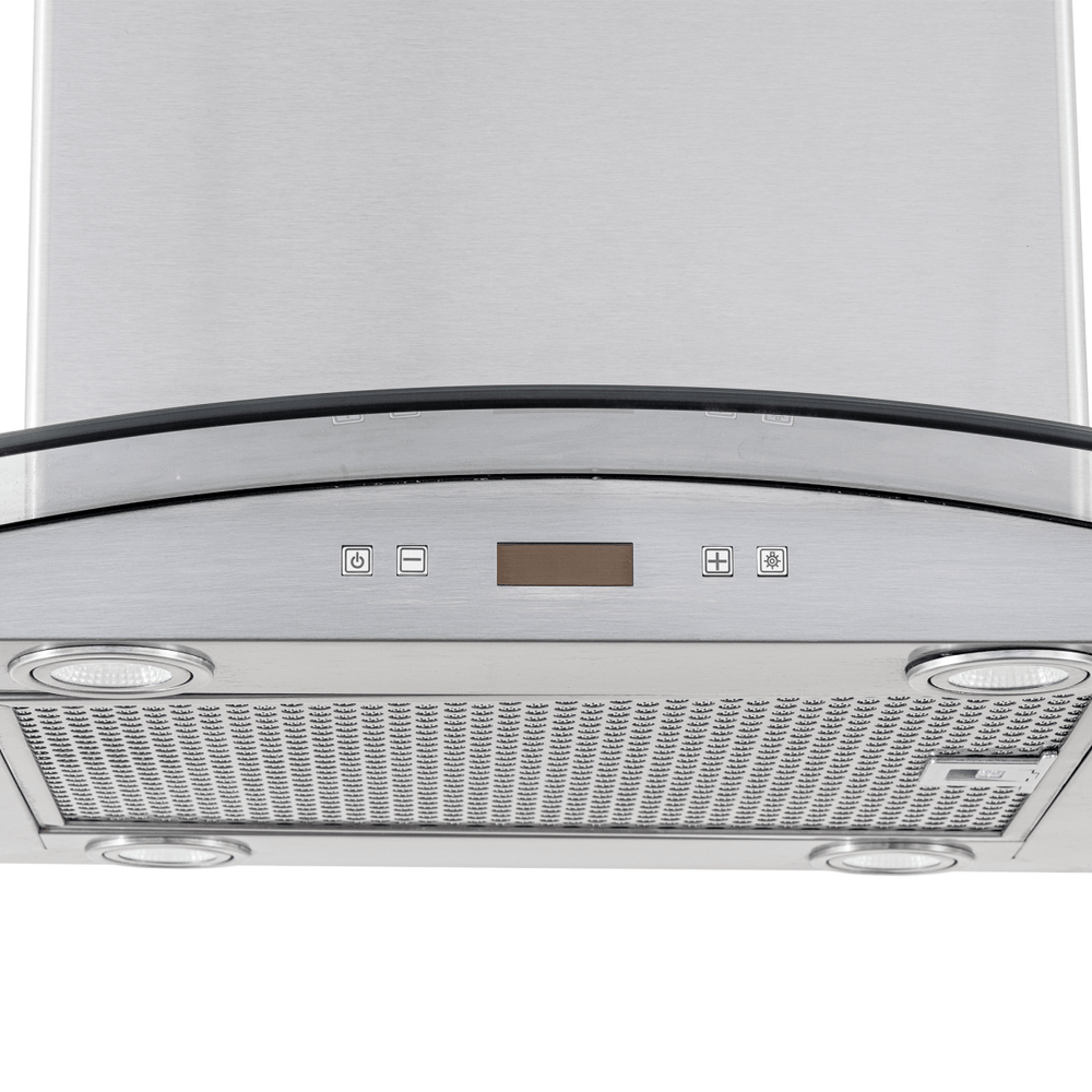 ProlineRangeHoods.com PLFI 544 stainless steel island hood with 600 CFM motor, controls, and lights, seen from below.