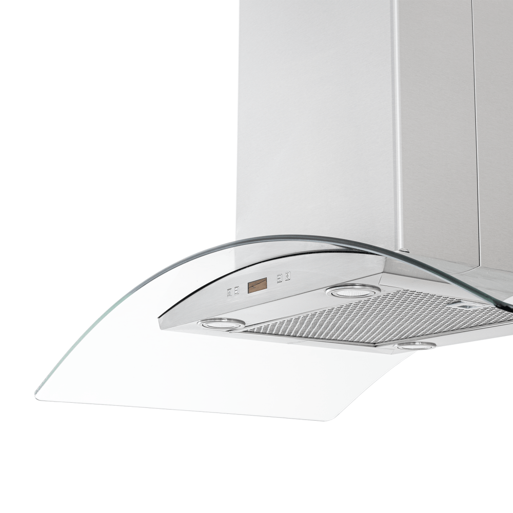 Proline PLFI 544 Island Range Hood: stainless steel, glass canopy, 600 CFM, easy controls. ProlineRangeHoods.com.
