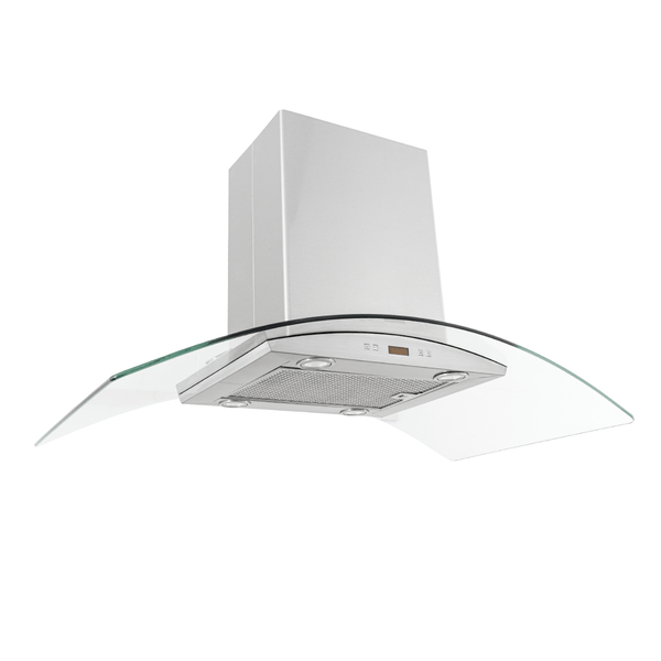 Proline PLFI 544 Island Range Hood, 600 CFM, stainless steel, glass canopy. ProlineRangeHoods.com on white background.