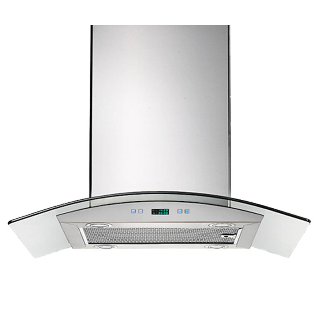 ProlineRangeHoods.com Island Range Hood, with 600 CFM motor and stainless steel finish, advanced digital controls, curved glass.