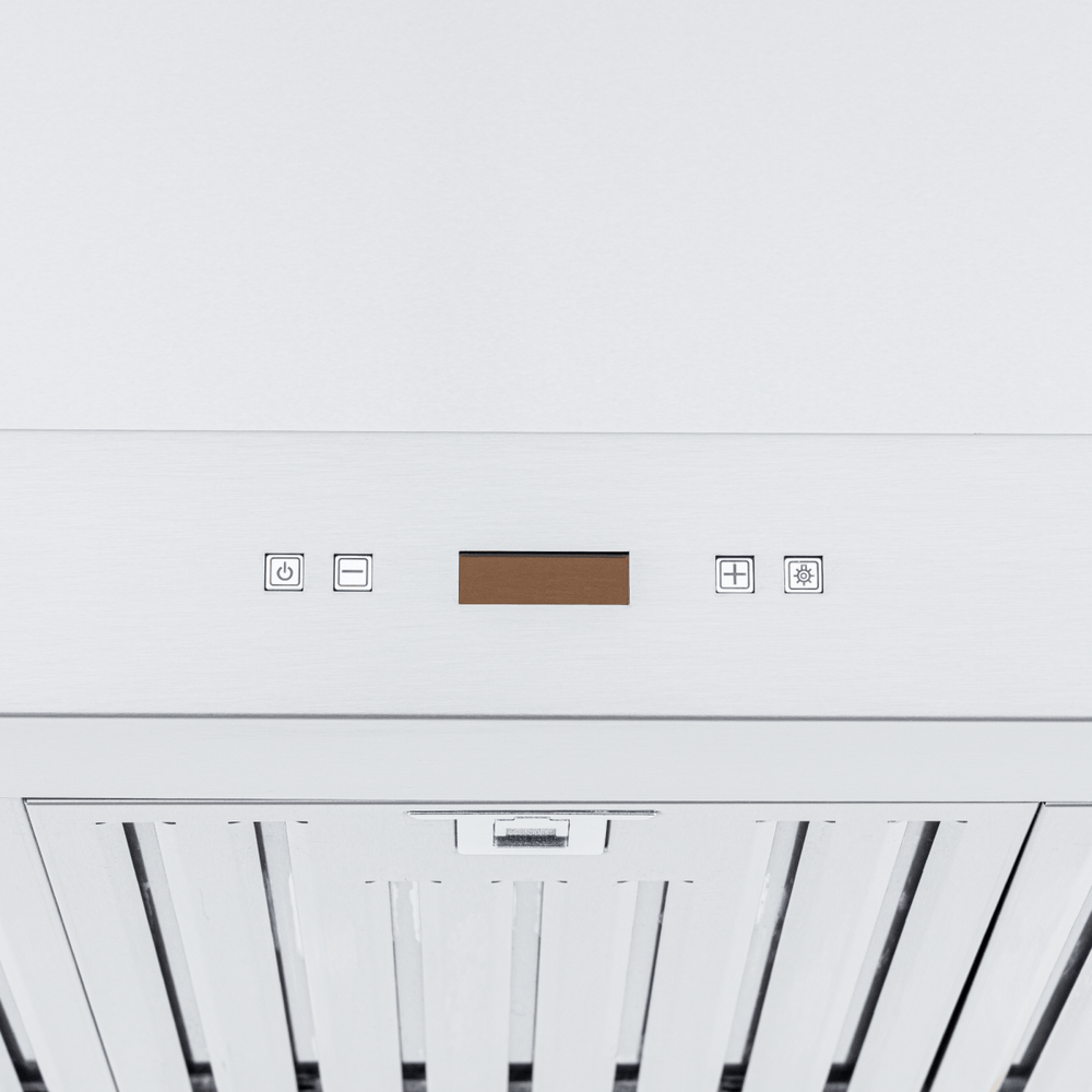 Close-up of Proline Range Hoods PLFI 750 control panel with buttons, display, and dual motors. ProlineRangeHoods.com.