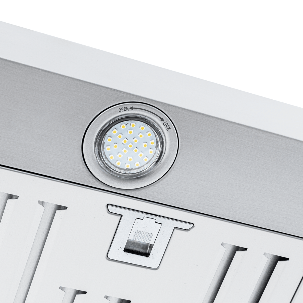Close-up of a Proline PLFI 750 Island Range Hood, LED light, vent, 1100 CFM airflow; ProlineRangeHoods.com.