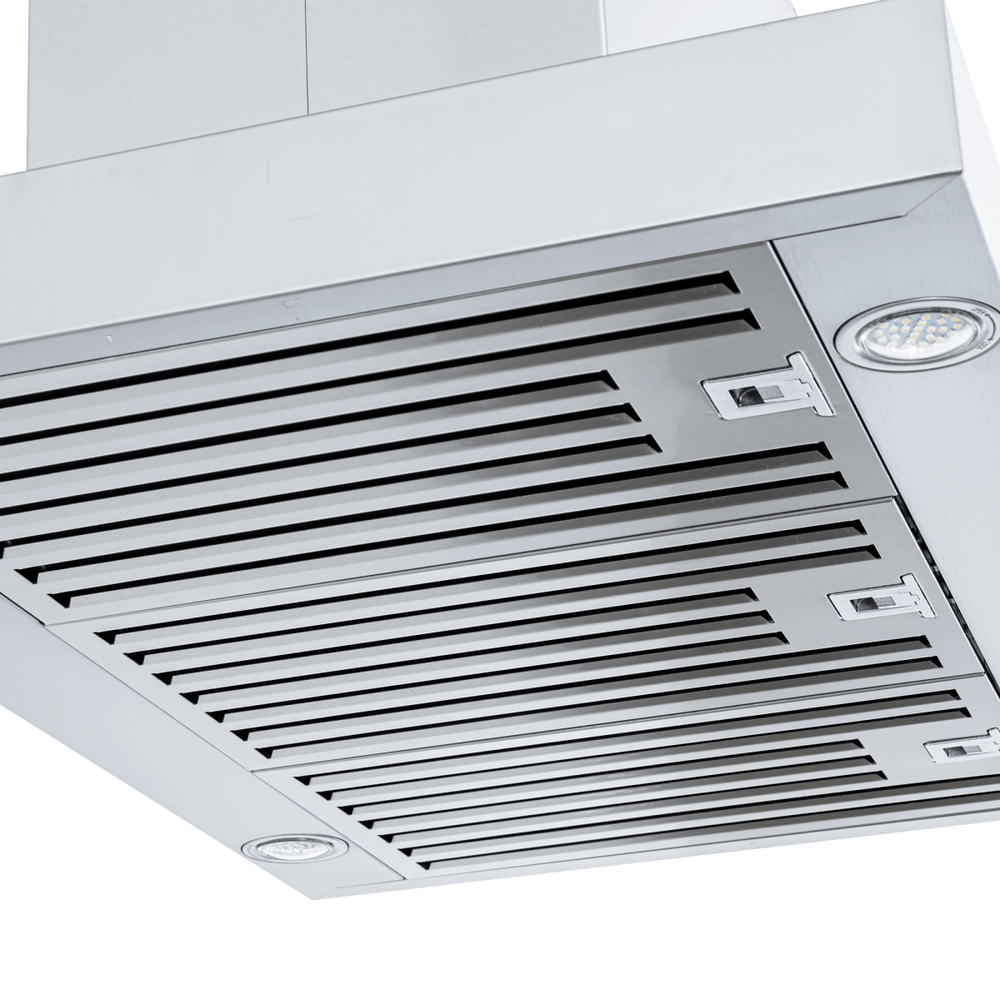 Close-up of Proline Range Hoods PLFI 750 island range hood, stainless steel, lights, vent panels. ProlineRangeHoods.com.