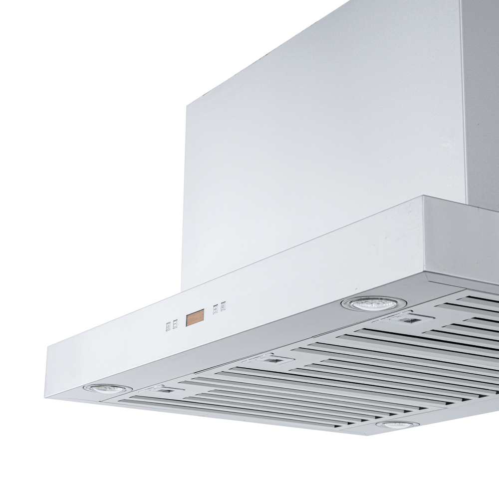 Proline PLFI 750 Island Range Hood with stainless steel, dual motor (1100 CFM), lights. ProlineRangeHoods.com.
