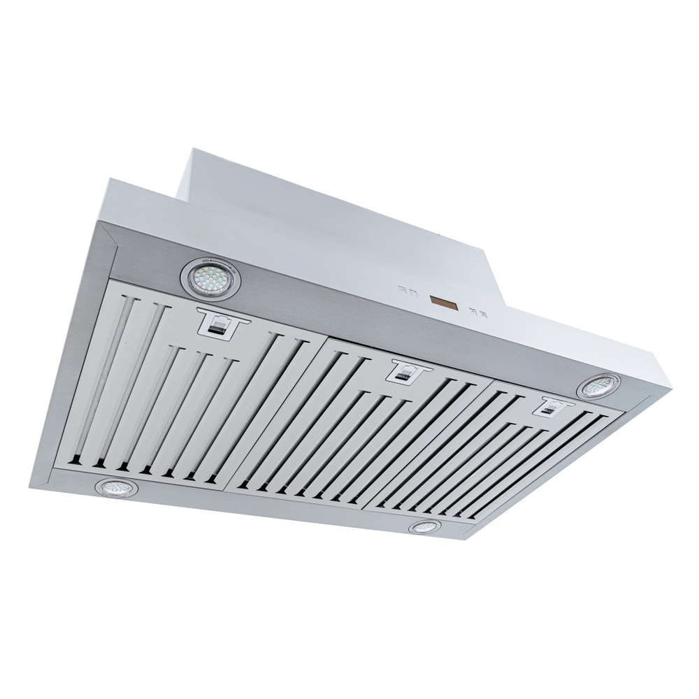 ProlineRangeHoods.com PLFI 750 island range hood: stainless steel, dual 1100 CFM motors, 4 lights, vent grilles, bottom view.