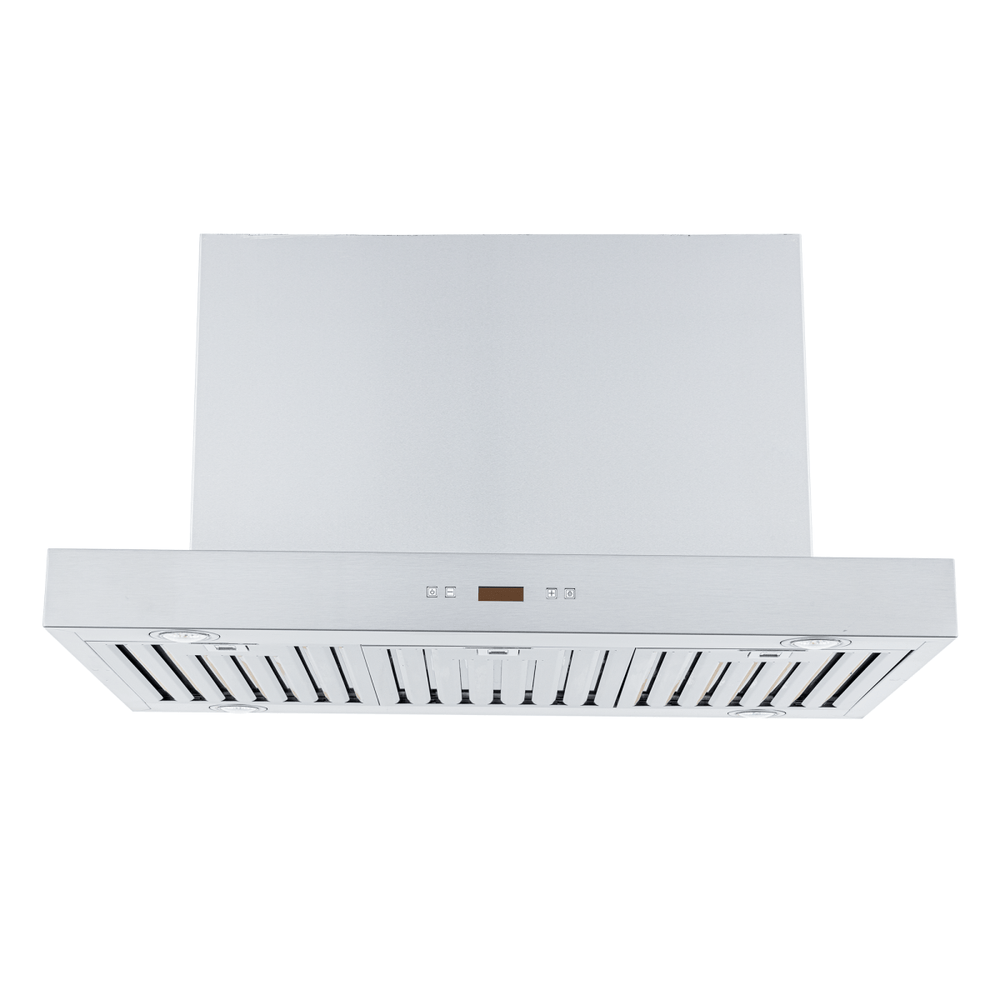 Proline PLFI 750 Island Range Hood with stainless finish, vent slats, display, dual motor—ProlineRangeHoods.com.