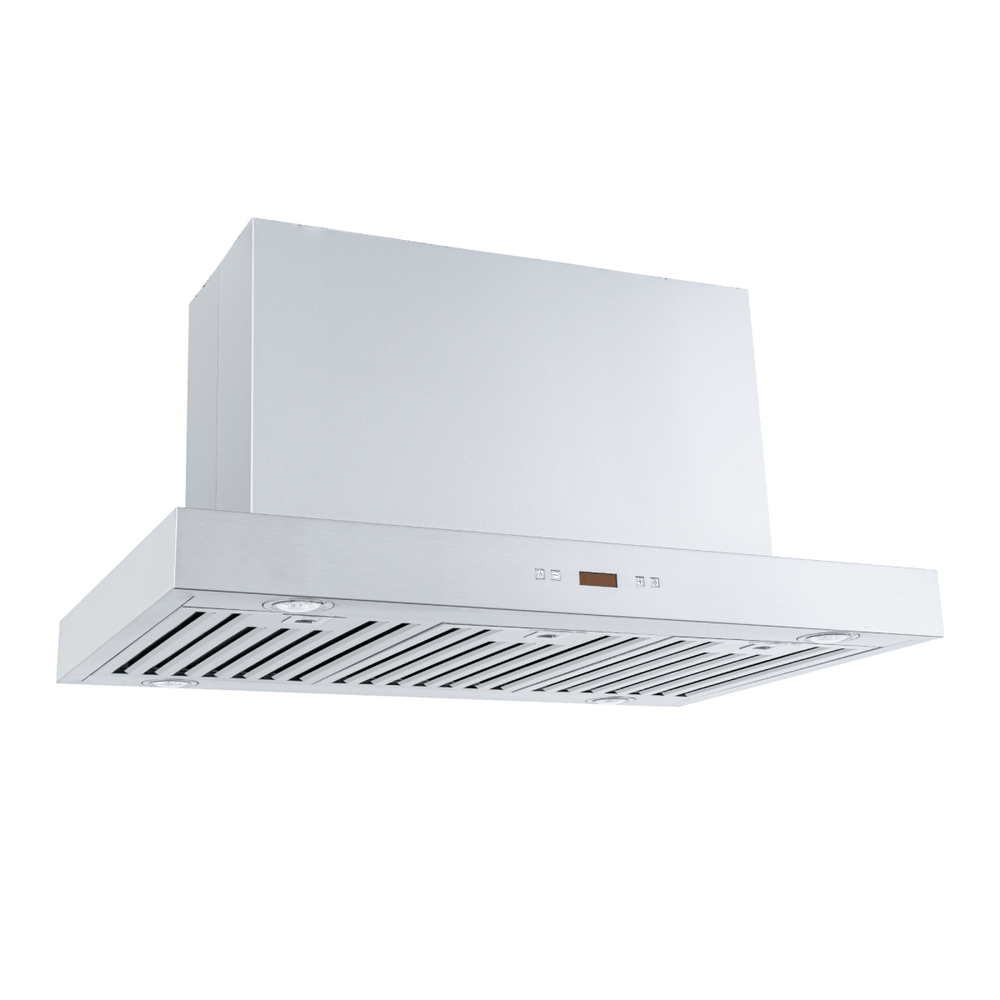 ProlineRangeHoods.com PLFI 750 Island Range Hood: stainless steel, dual motors, 1100 CFM, vents, controls on white.