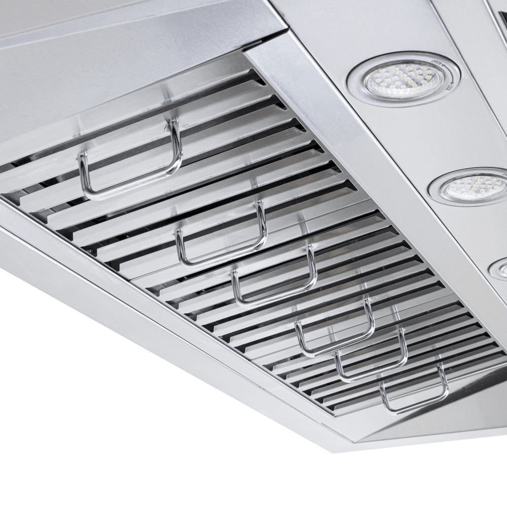 Close-up of Proline PLFI 755 Island Range Hood with 1100 CFM motor, lights, LCD panel. ProlineRangeHoods.com.