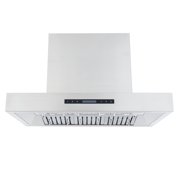 ProlineRangeHoods.com Proline PLFI 755 island range hood, 1100 CFM, stainless steel with LCD touch control, front view.