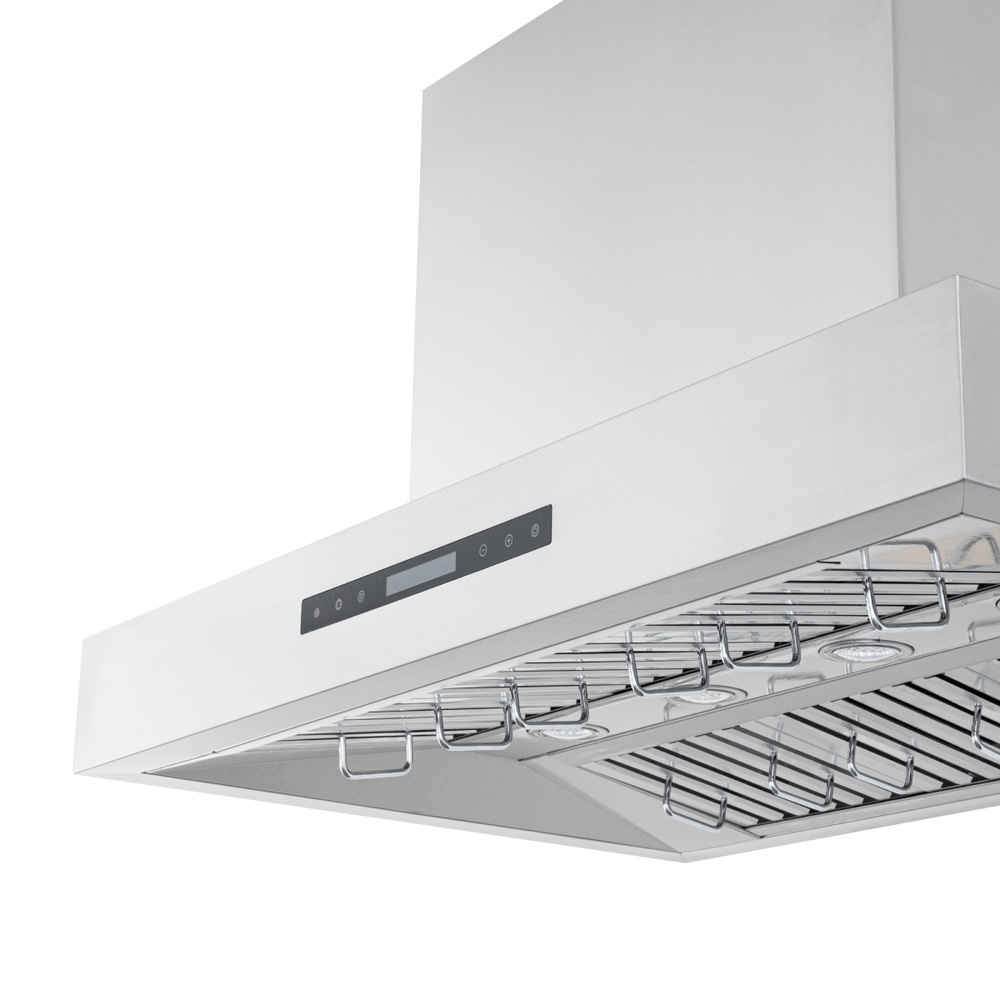 Proline PLFI 755 Island Range Hood with 1100 CFM dual motor and lights, shown angled from below. ProlineRangeHoods.com.