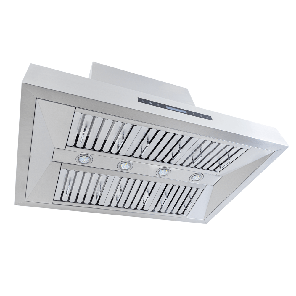 Proline Range Hoods' PLFI 755 Island Hood with LCD touch controls, 1100 CFM, at ProlineRangeHoods.com, shown from below.