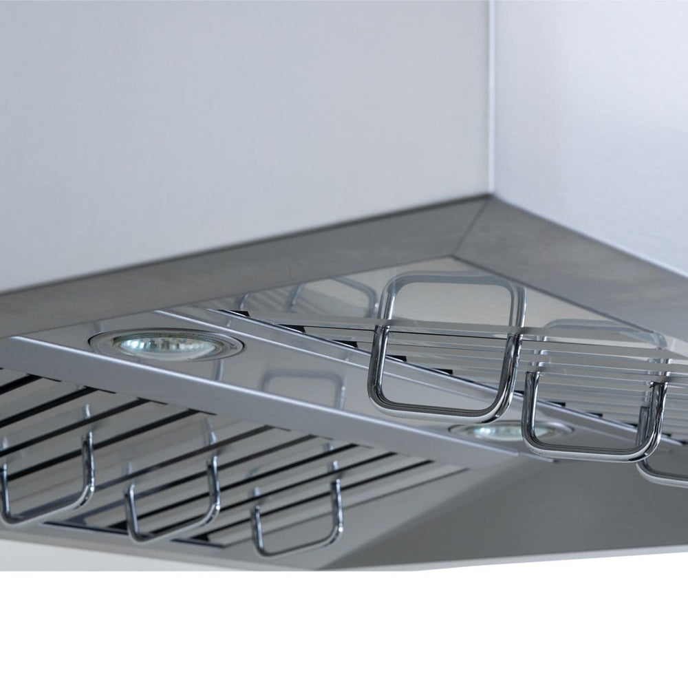 Close-up of the Proline PLFI 755 Island Range Hood by ProlineRangeHoods.com, featuring stainless steel, LCD touch controls, integrated lighting, and metal grease filters for efficient ventilation with an outdoor-rated finish option.