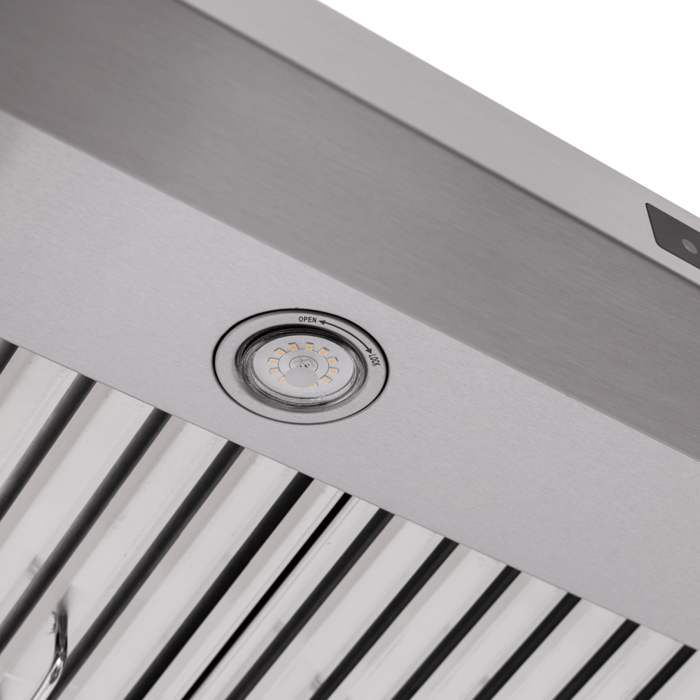 Close-up of Proline PLFW 115 Range Hood with LED light, 900 CFM, steel baffle filters. ProlineRangeHoods.com.