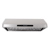 PLFW 115 under-cabinet range hood with stainless finish, 900 CFM, digital controls, shown from below. ProlineRangeHoods.com.