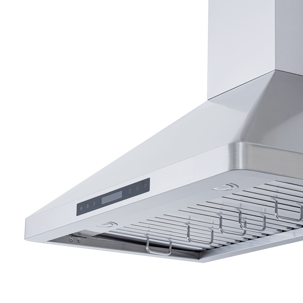 The Proline PLFW 129 E range hood in stainless steel with 900 CFM, control panel, hooks; ProlineRangeHoods.com.