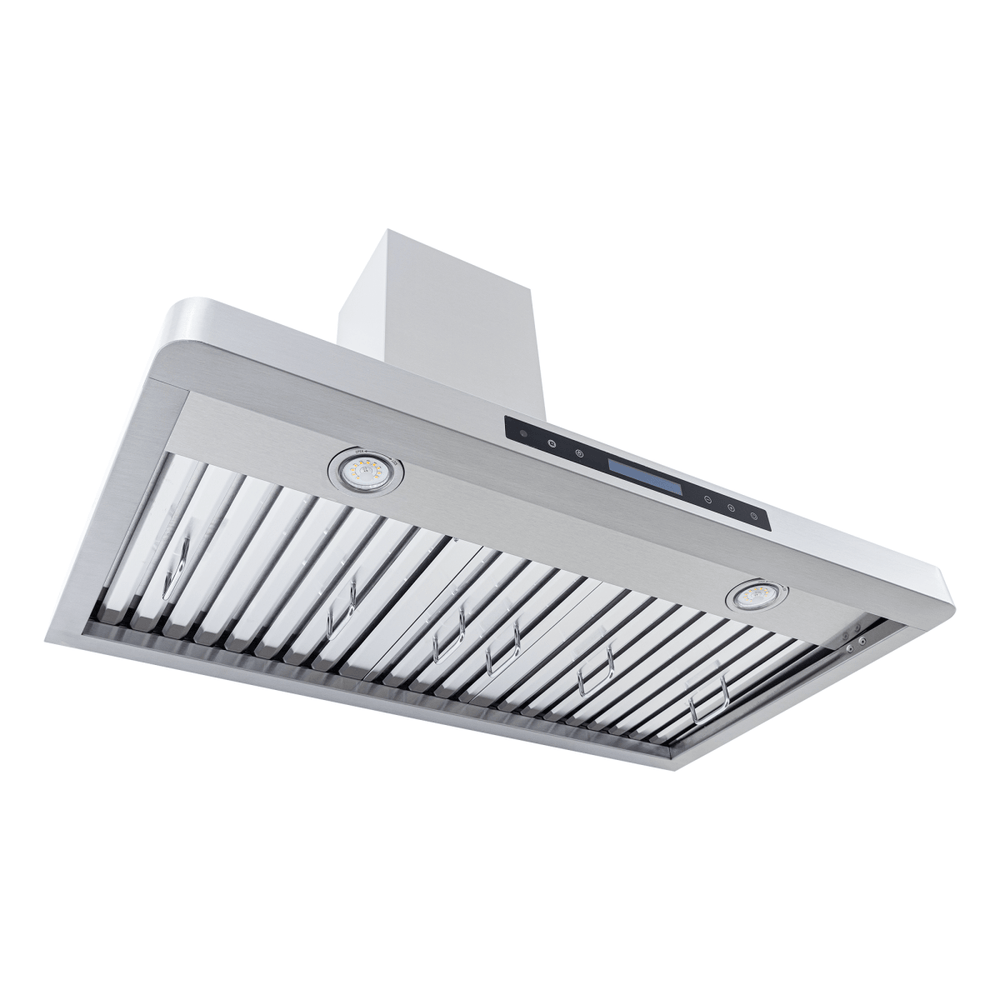ProlineRangeHoods.com PLFW 129 E wall-mounted hood with stainless steel, 900 CFM, lights, controls; view from below.